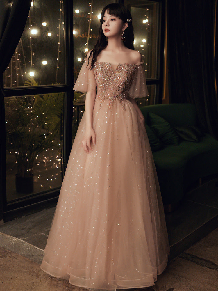 Sequin Dress Evening Dresses Evening Dress Female Banquet Pink Fairy Long Host Elegant H6672