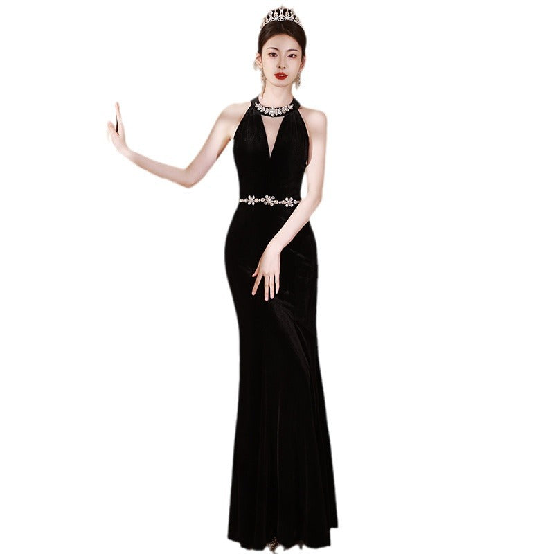 Black Halter V-neck Evening Dress Niche High-End Adult Ceremony Graduation Fishtail High-End Birthday Host Ceremony