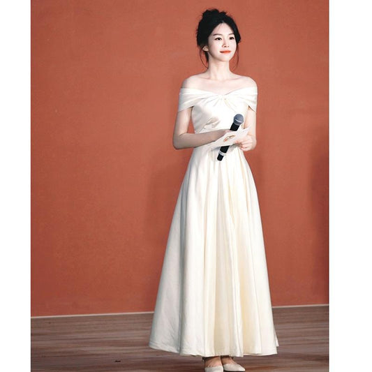 Evening Dress off-Shoulder High-End Affordable Luxury Niche French Engagement Dress White License Registration Slim White Dress Summer