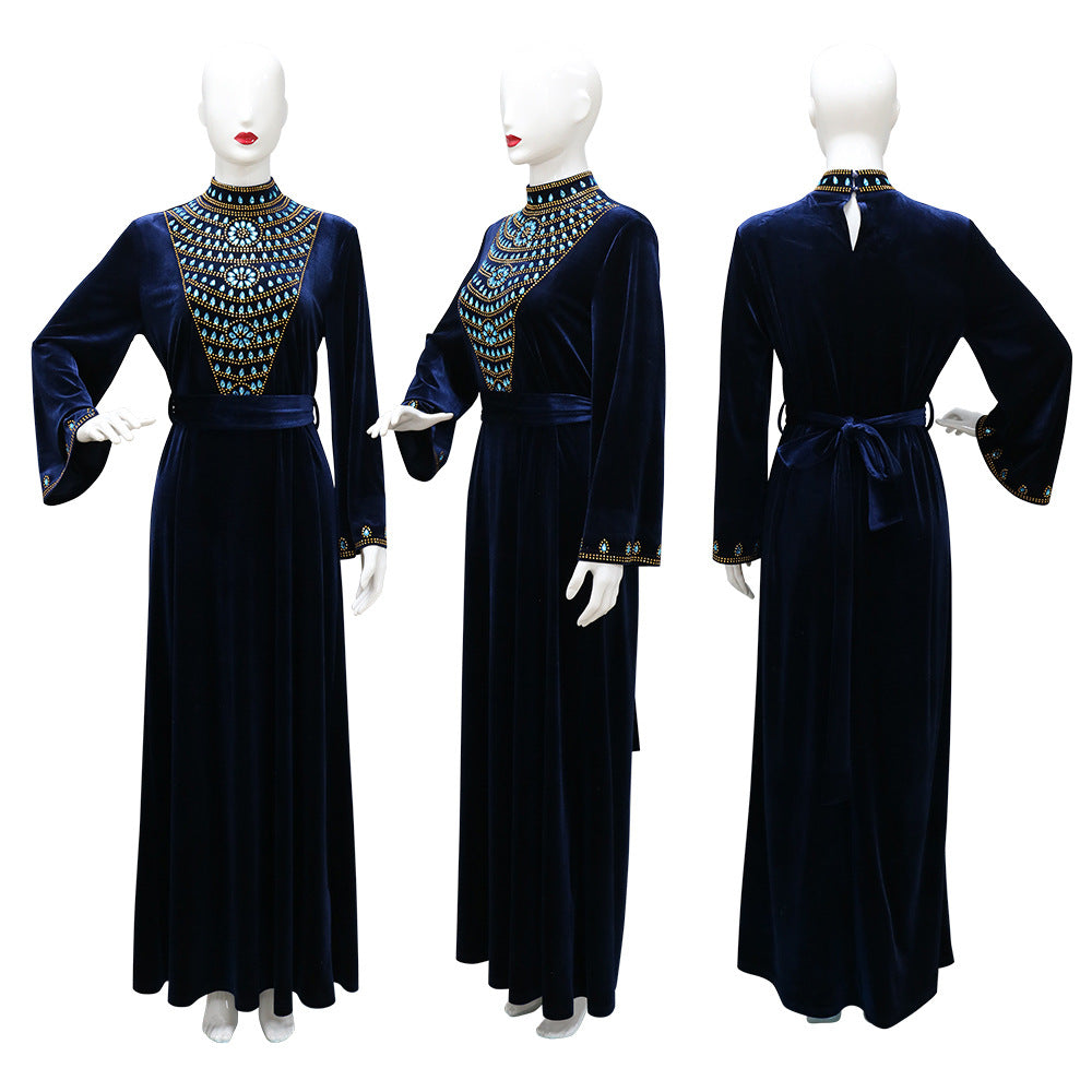 Xqy500219 Muslim Dubai Suede Dinner Dress Robe Blue Water Drop Rhinestone Jalabia Women's Clothing