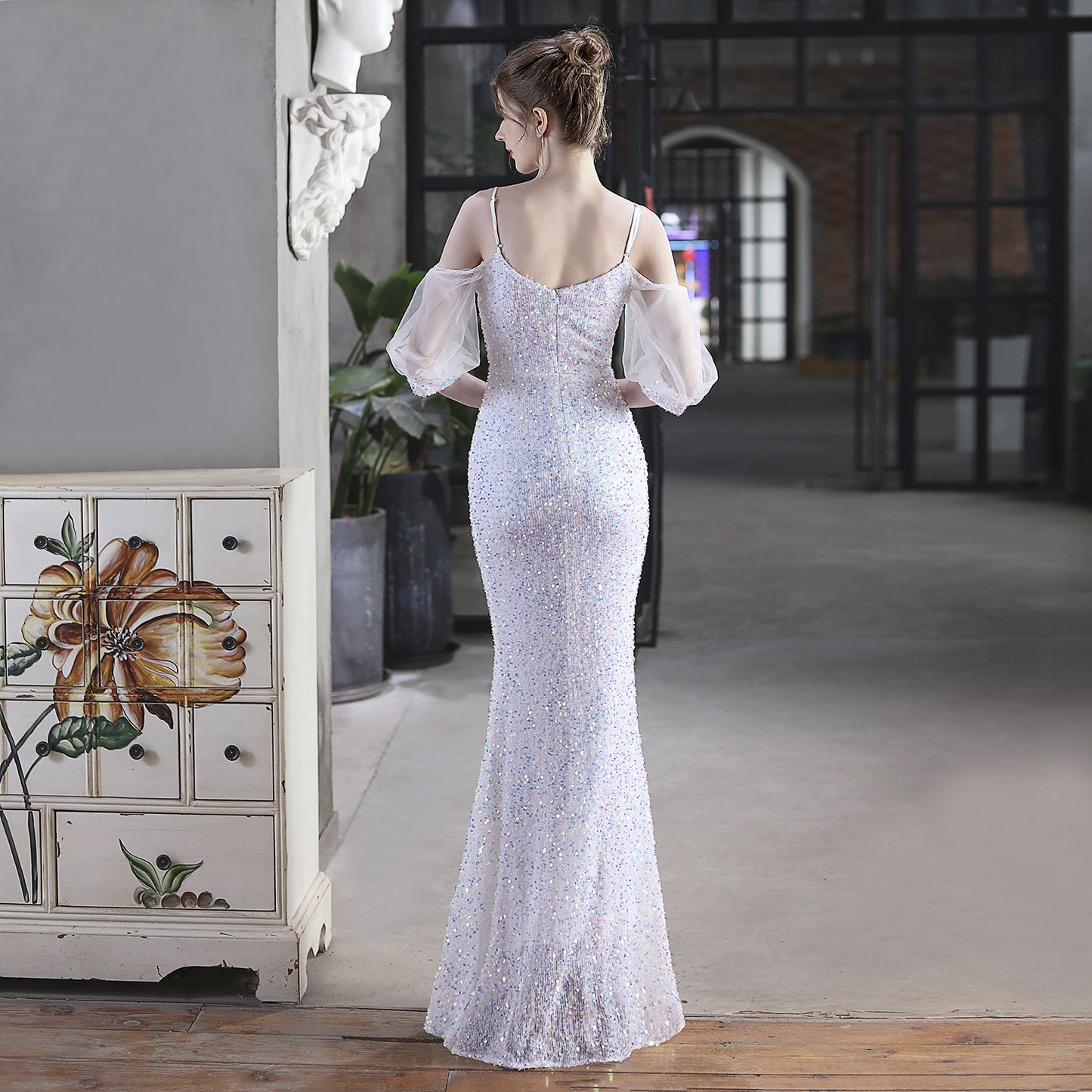 18685# Colorful Sequin Toast Dress Bride Long Appreciation Dinner Slim-Fit Fishtail Skirt Wedding Car Model Exhibition Dress