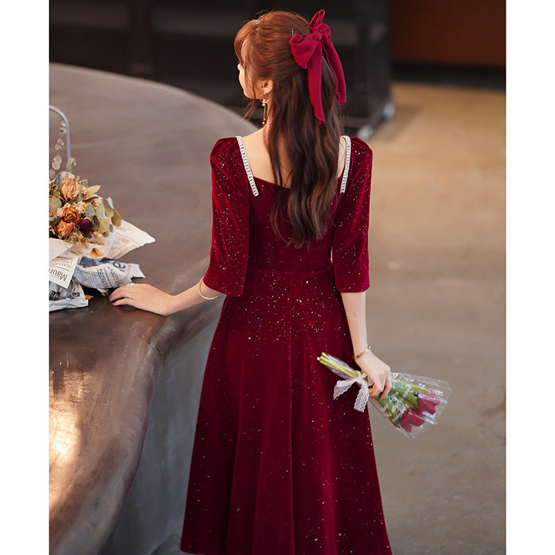 Toast Dress Bride 2024 New Autumn and Winter Fairy Wine Red Engagement Dress Wedding Back Door Toast Dress