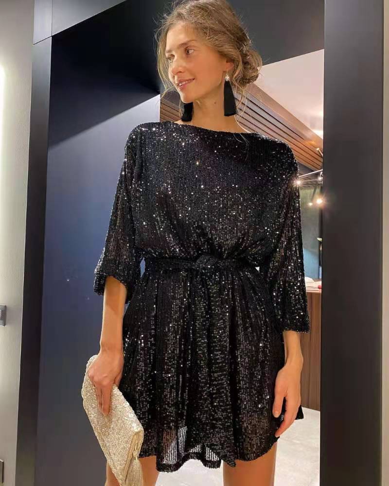European and American Independent Station round Neck Tied Festival Party Bling Beaded Dress Elegant Sequin Formal Dress
