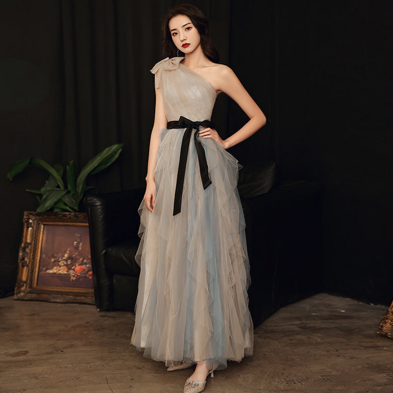 Annual Party Evening Dress Women's 2024 Belt Oblique Shoulder Design Socialite Host Dress Temperament Piano Performance Dress