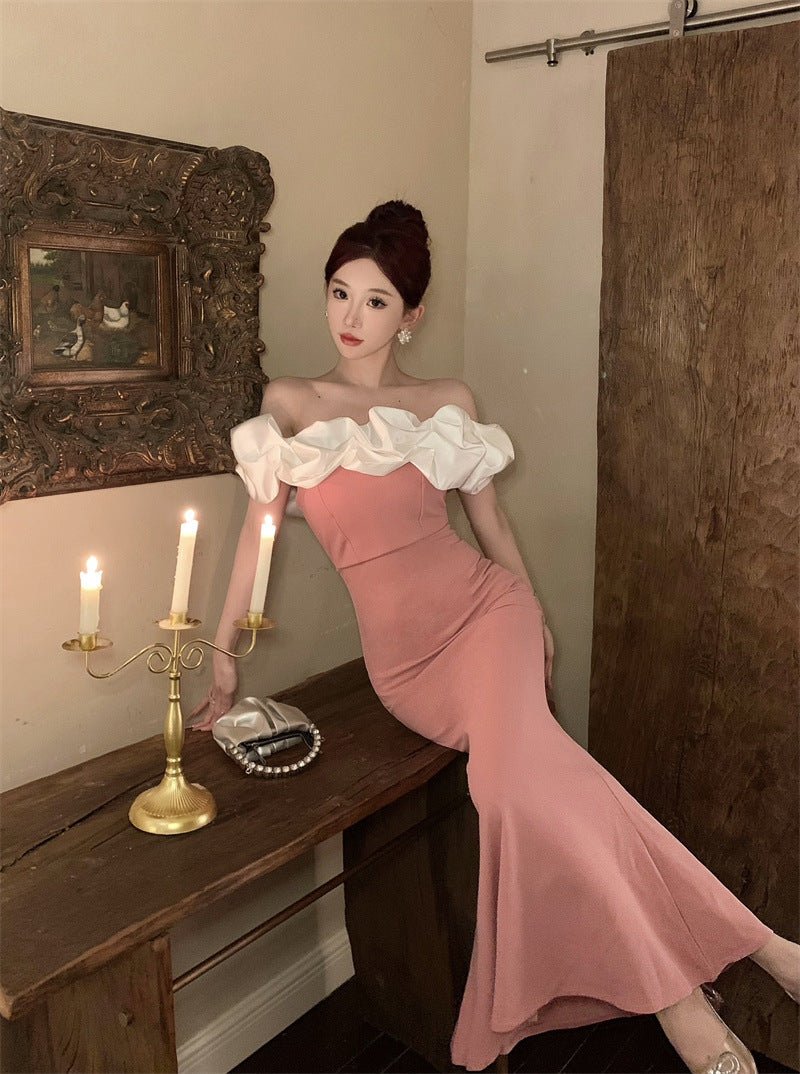 2883 Cross-Border Foreign Trade Women's Clothing Wholesale Southeast Asia off-Shoulder Contrast Color Evening Dress Temperament Slimming Fishtail Dress