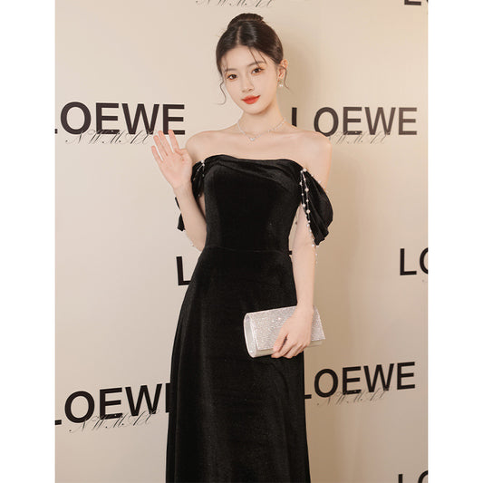 off-Shoulder Black High-Grade Evening Dress 2024 New Light Luxury Velvet Hepburn Style Little Black Dress Annual Meeting Host