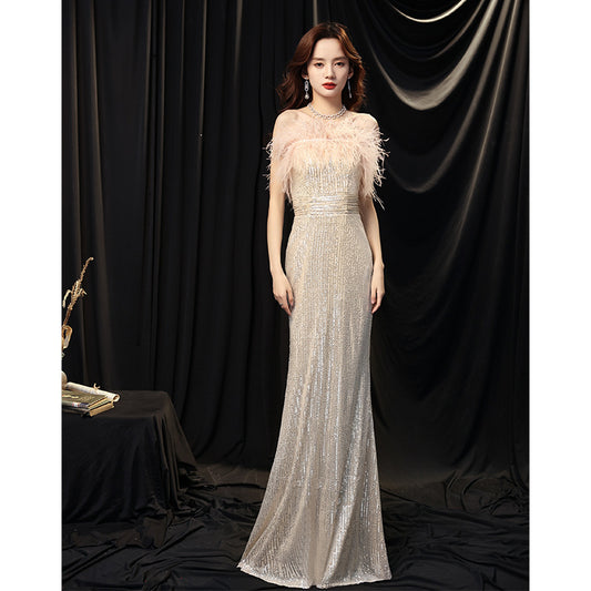 Banquet Dress for Women 2024 New Elegant Sequins Long Ladies Dress for Host Annual Meeting Fishtail Evening Dress