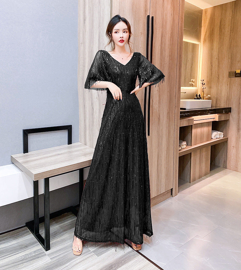 Starry Evening Dress Dignified Temperament Bride Toast Dress V-neck Flared Sleeves Sequined Tassel Slimming Long Dress Women