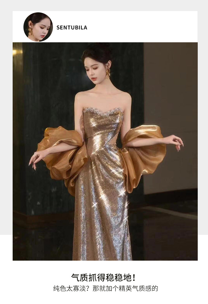 Golden Evening Dress 2024 High-Grade Wine Red Tube Top Bride Engagement Toast Dress Banquet Temperament Host