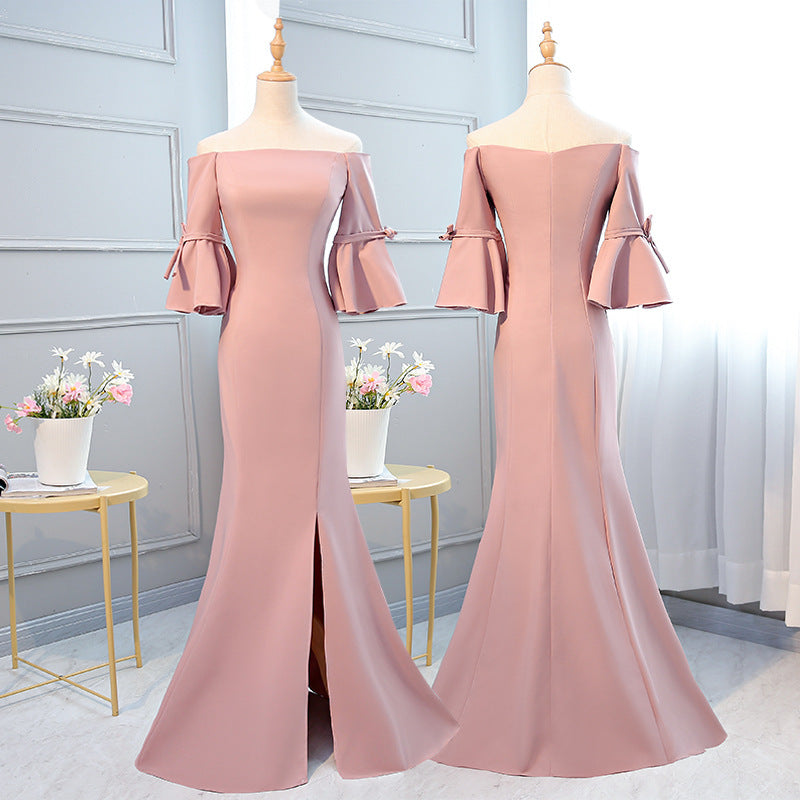 Ladybros' Dress 2023 Summer Autumn New Style off-Shoulder Annual Meeting Pink Figure Flattering Fishtail Dress for the Besties Bridesmaid Dress for Women