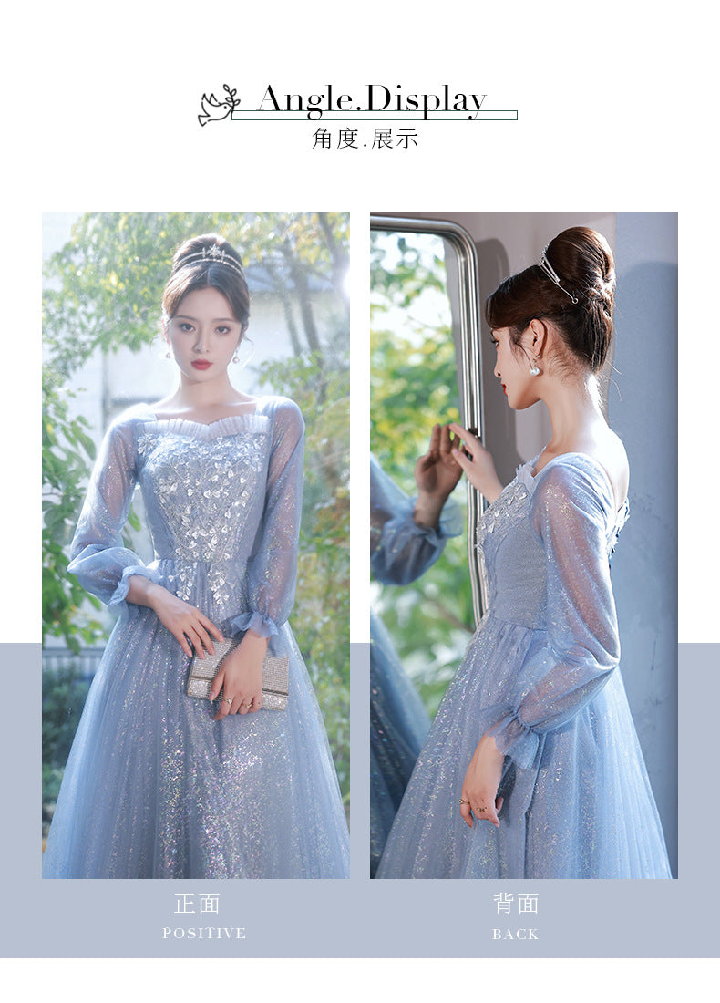 Blue Evening Dress for Women 2023 New High-Grade Banquet Temperament Long Sleeve Light Luxury Minority High-End Performance Art Exam Dress