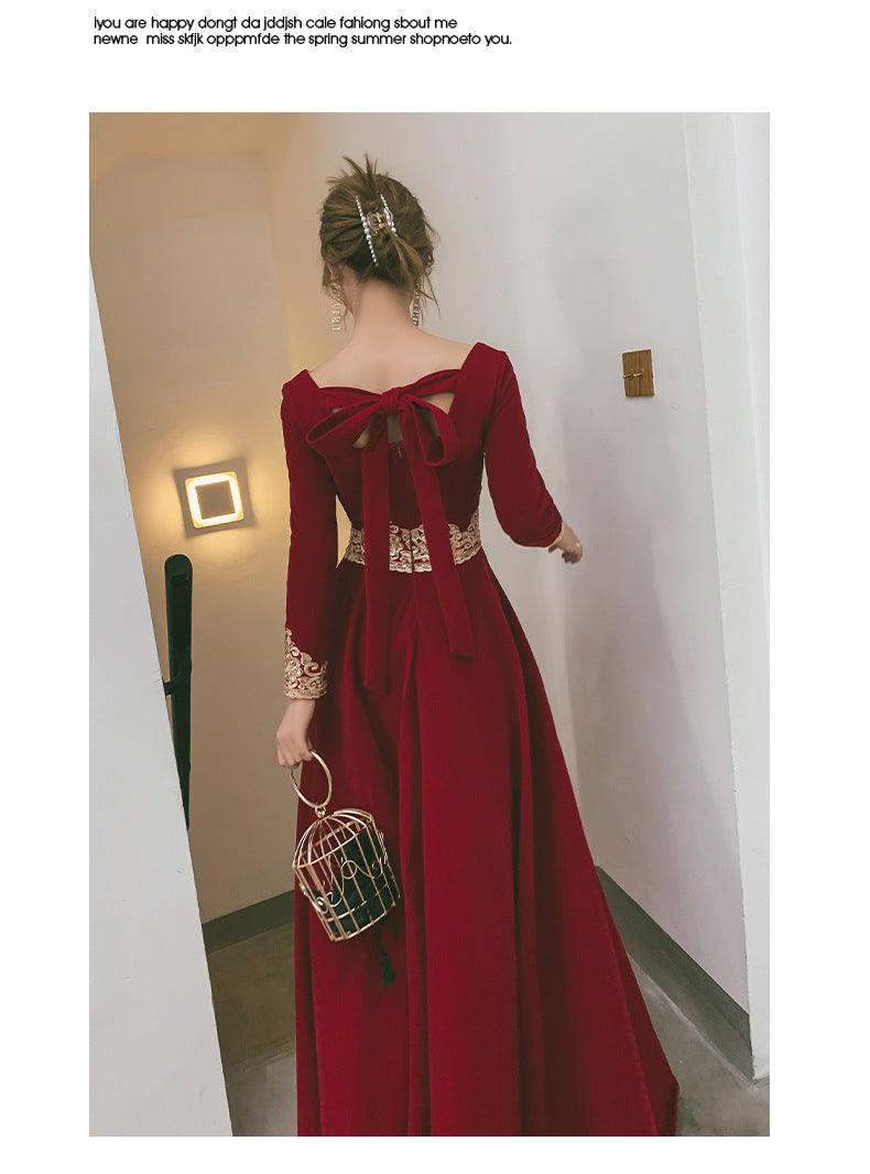 Toast Dress Bride 2024 New Autumn Velvet Long-Sleeved Red Back-to-Door Dinner Dress Marriage Engagement Toast