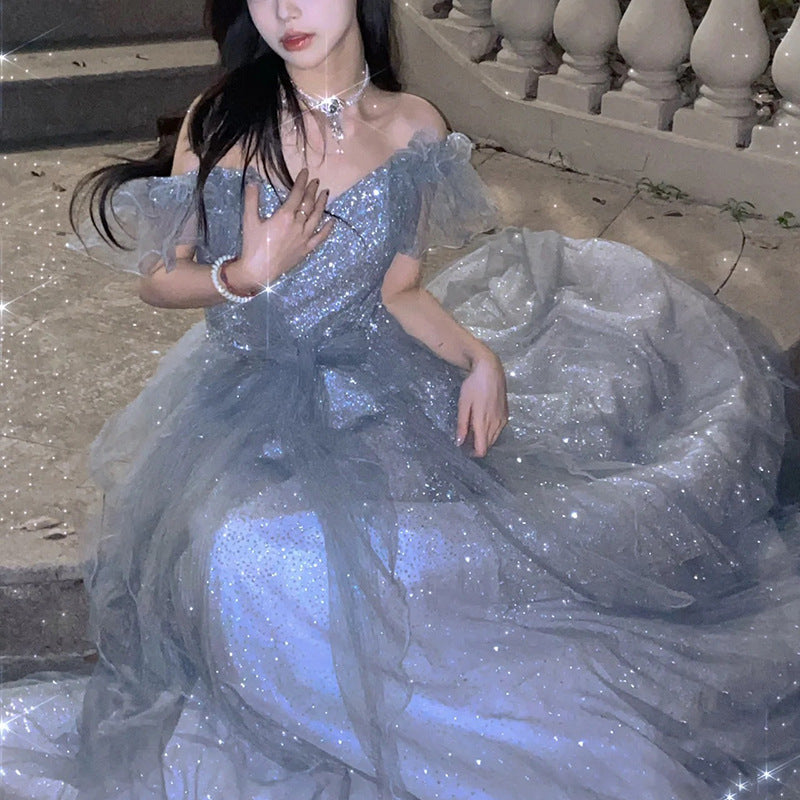 French Princess Escape Evening Dress Super Fairy Blue Student Art Exam Performance Dress off-Shoulder Temperament Bride Toast Dress