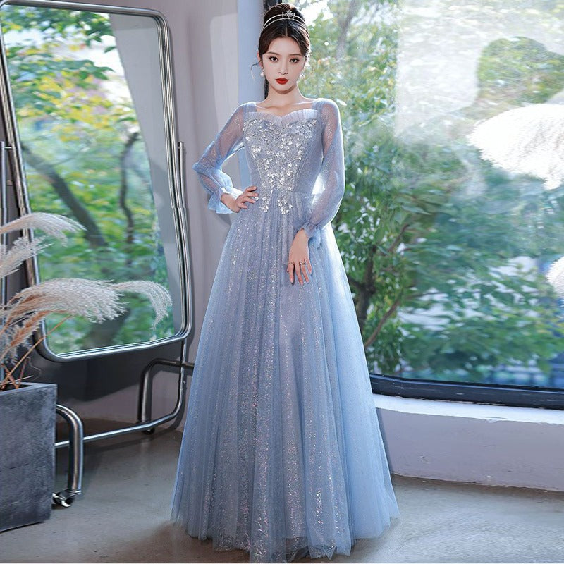 High-End Blue Dress High-End Sense Banquet Host Fairy Vocal Music Student Art Exam Dress Student Performance Dress