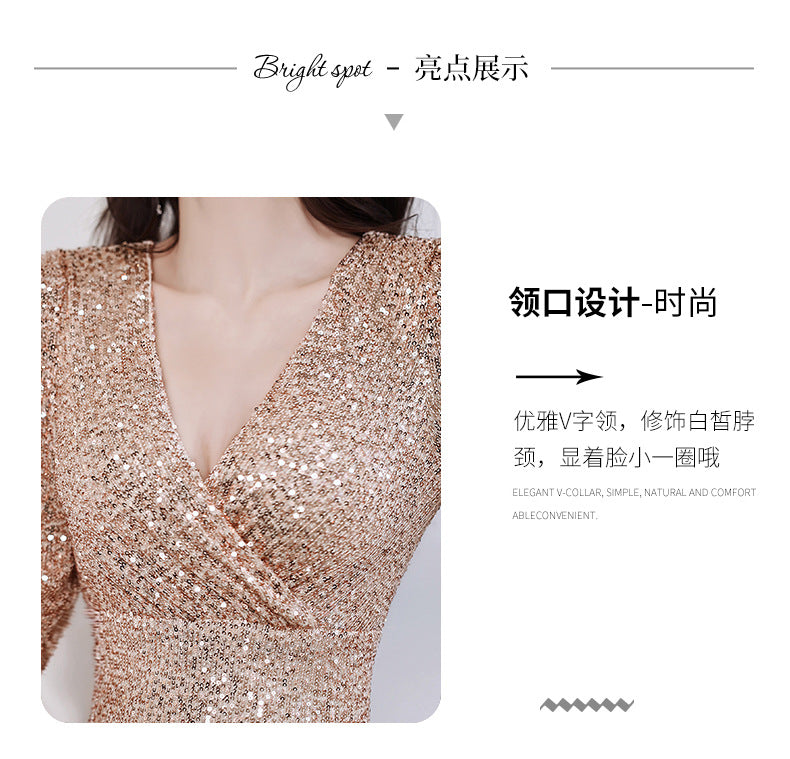 Birthday Banquet Evening Dress for Women 2024 New Host Temperament Fishtail Heavy Embroidery Sequins Half Sleeve Dress Dress