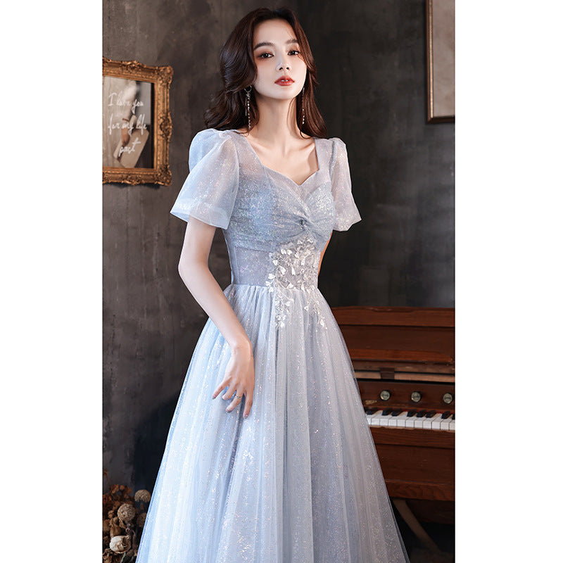 Art Exam Evening Dress Man Blue Female Banquet Temperament Vocal Music Host Costume Socialite Princess Style Dress