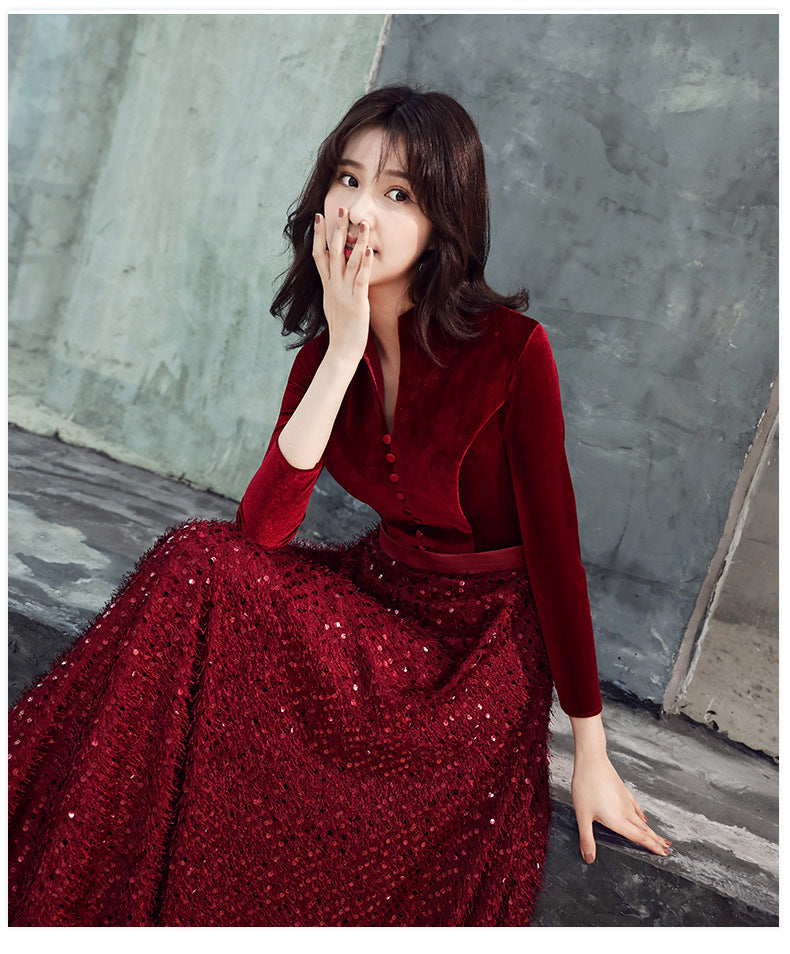 Evening Dress for Women 2024 New Elegant Toast Dress Wine Red Bride Elegant Long Sleeve Wedding Clothes Autumn