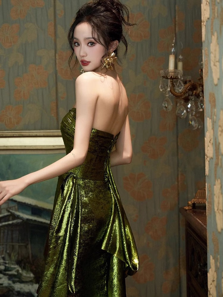 Green Tube Top Morning Gowns Fishtail Sequins Toast Dress Bride Marriage Engagement Sexy Backless Evening Dress Birthday Banquet