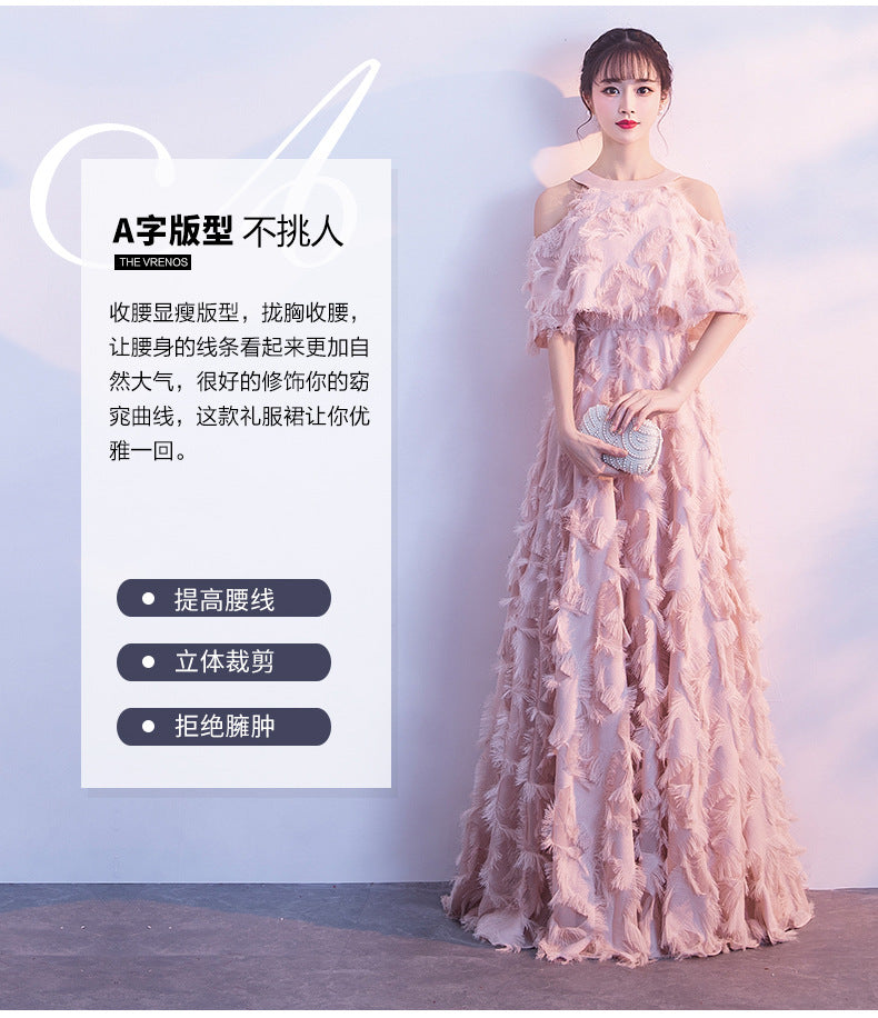 Halter Banquet Evening Dress Dress Women's 2024 Autumn New Elegant Long Slimming Solo Art Exam Pink Bridesmaid