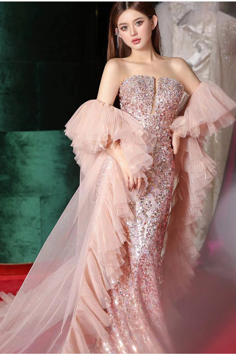 Women's Tube Top Evening Dress Light Luxury Minority Pink Sequin Host's Dress Toast Dress Bride Engagement Formal Dress Morning Gowns