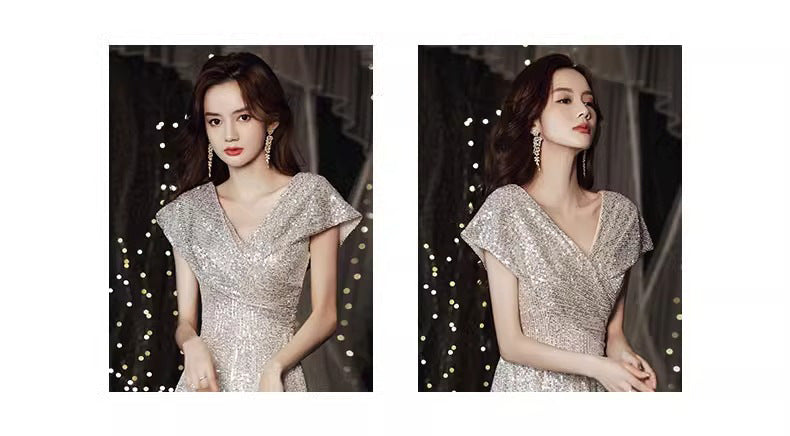 Banquet Evening Dress 2024 New High Sense V-neck Sequins Special Interest Light Luxury Performance Host's Dress Dress