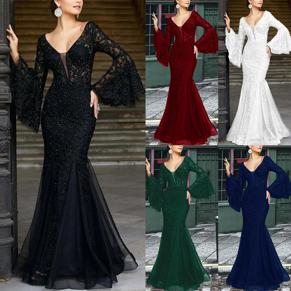 2024 Spring/Summer Cross-Border New Arrival European and American Evening Dress Noble Sexy Slim Fishtail Long Banquet Dress Dress