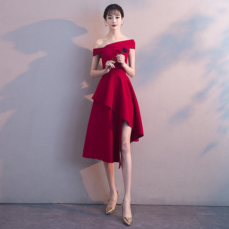 off-Shoulder Toast Dress 2023 Summer New Modern Bride Wedding Red Banquet Small Evening Dress Skirt Women's Slimming