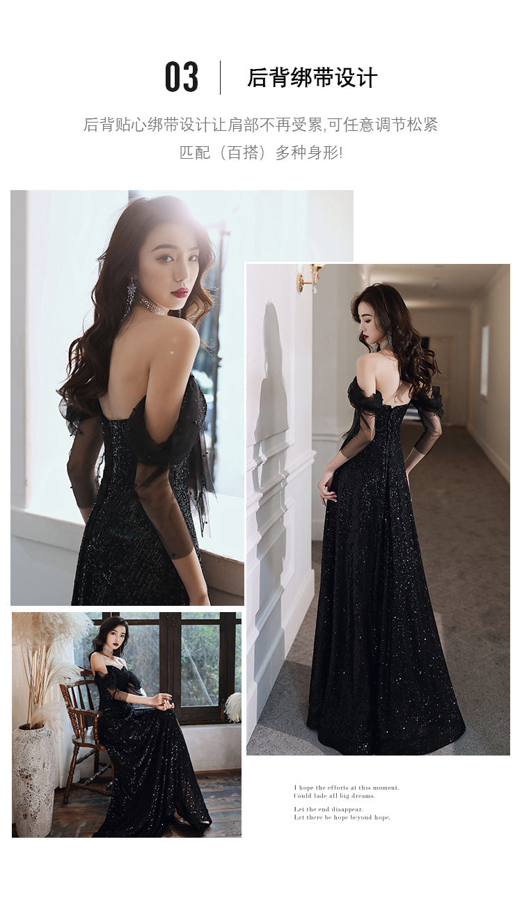 Black Evening Dress Host French Style 2024 New Women's Banquet Temperament Daily Style Slimming Queen Dress