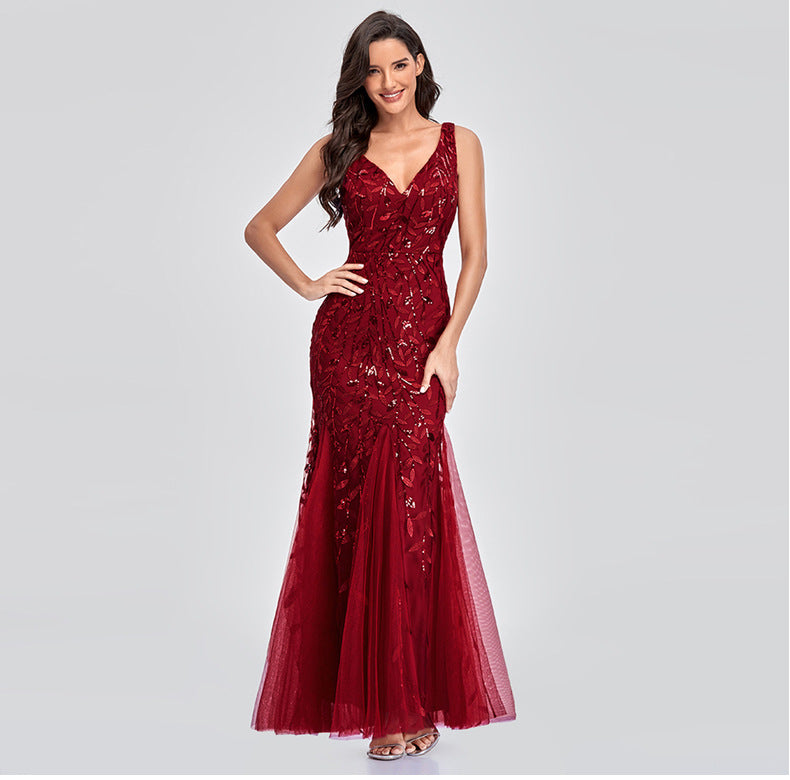 New 2023 Dress Sexy Dress Sleeveless V-neck Embroidery Sequin Slim Fishtail Bridesmaid Evening Dress for Women