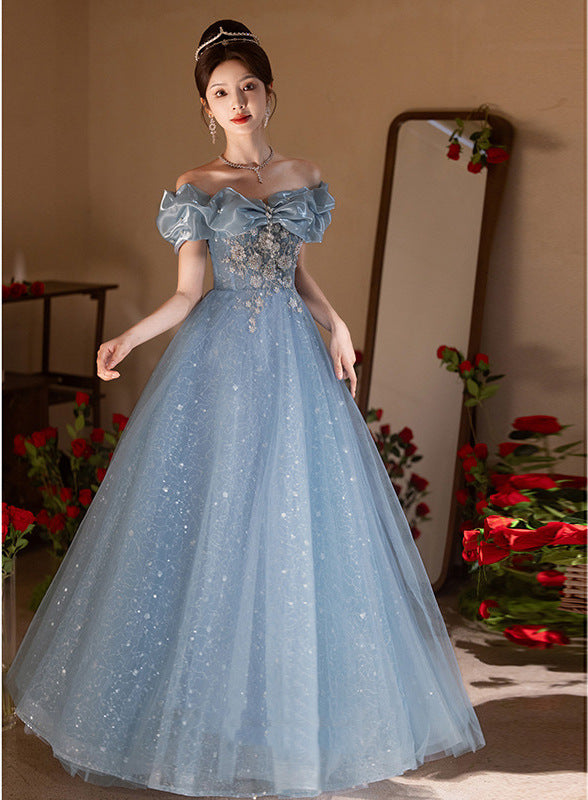 off-Shoulder Blue Evening Dress 2024 New High-End Beautiful Light Luxury Minority Host High Sense Annual Meeting Women