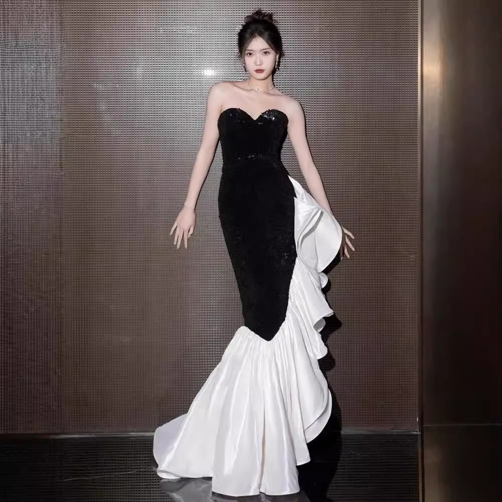 Black Paillette Evening Dress for Women High-End Affordable Luxury Niche Graduation Adult Ceremony Tube Top High-Grade Sense Bridal Party Fishtail Skirt