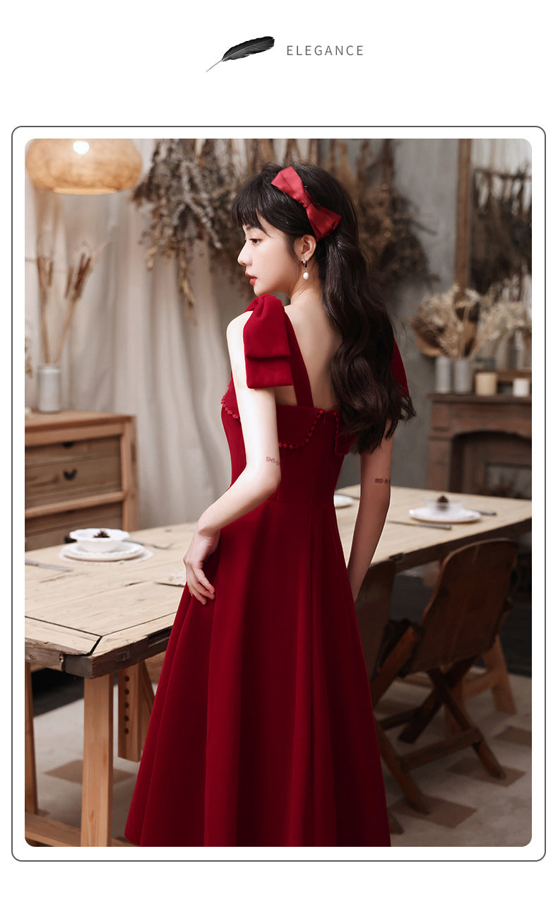 Toast Dress Bride Spring Short Small Wine Red Daily Style Back-to-Door Casual Wear Sling Female Engagement Dress