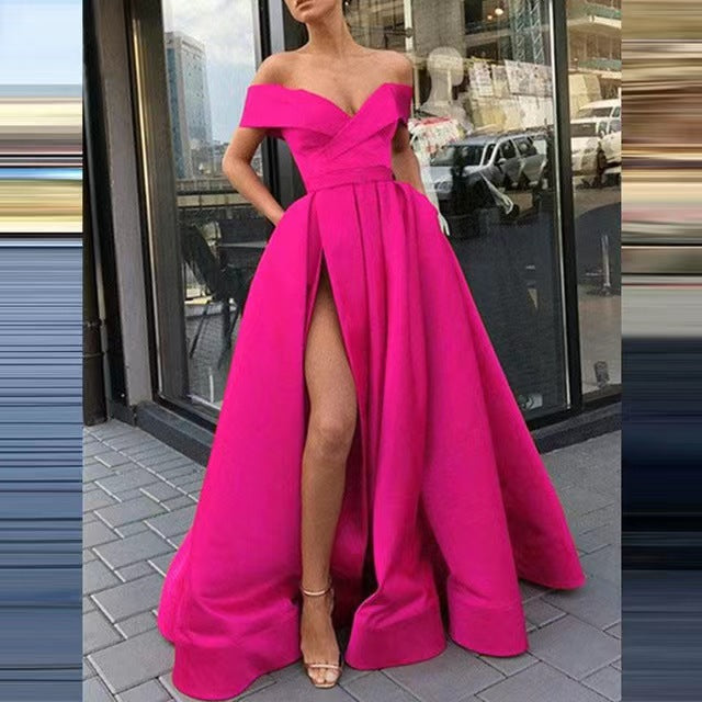 Party Dress satin black red off shoulder dinner dresses gala gown Women's European and American Style 2023 Cross-Border New Arrival Sexy Deep V Solid Color High-End Satin Banquet Evening Dress