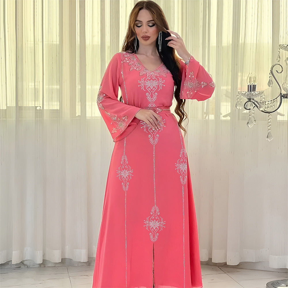 Xqy500176 Saudi Arabia Dubai Fashion Rhinestone Dress Summer Chiffon Robe Middle East Women's Dress