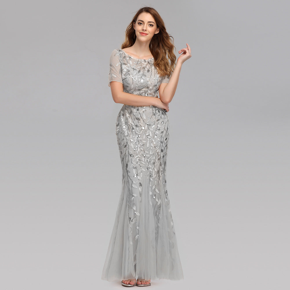 Spring and Summer Cross-Border 2024 Banquet Host European and American Slim Mesh Sequins Evening Dress Fishtail Dress Women