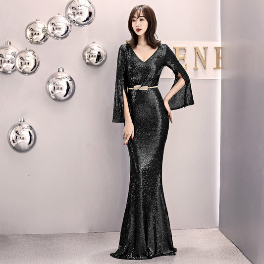 1572# Evening Gown Women's Banquet Elegant Host Sexy Slim-Fit Sequined Long Fish Tail Winter