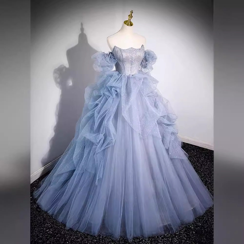 off-Shoulder Evening Dress Haze Blue Piano Performance Adult Ceremony Wedding Dress Bel Canto Solo Blue Gauze Skirt Art Test H2839