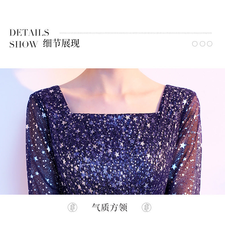 Starry Evening Dress Female Banquet Temperament Daily Style Square Collar Host Chorus Costume Summer Student