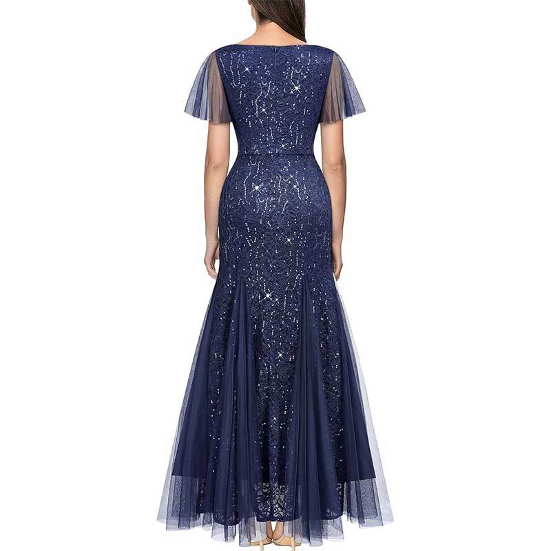 Cross-Border EBay Amazon European and American New Women's V-neck Dress Lace Chiffon Double-Layer Dress Sequined Evening Dress
