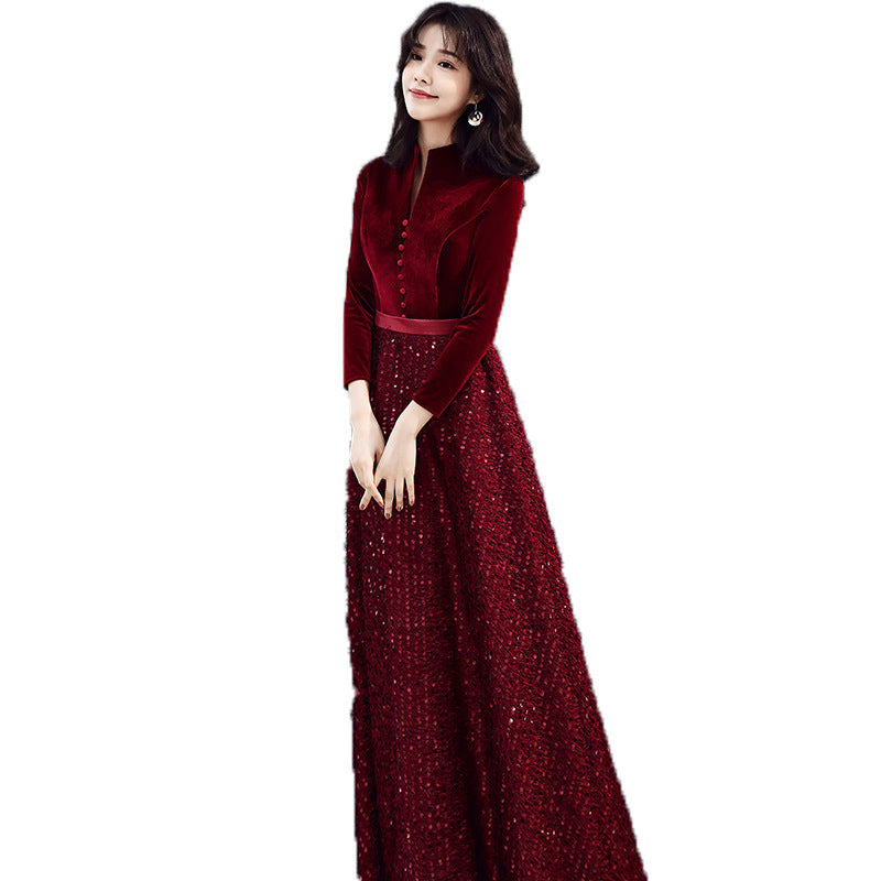 Evening Dress for Women 2024 New Elegant Toast Dress Wine Red Bride Elegant Long Sleeve Wedding Clothes Autumn