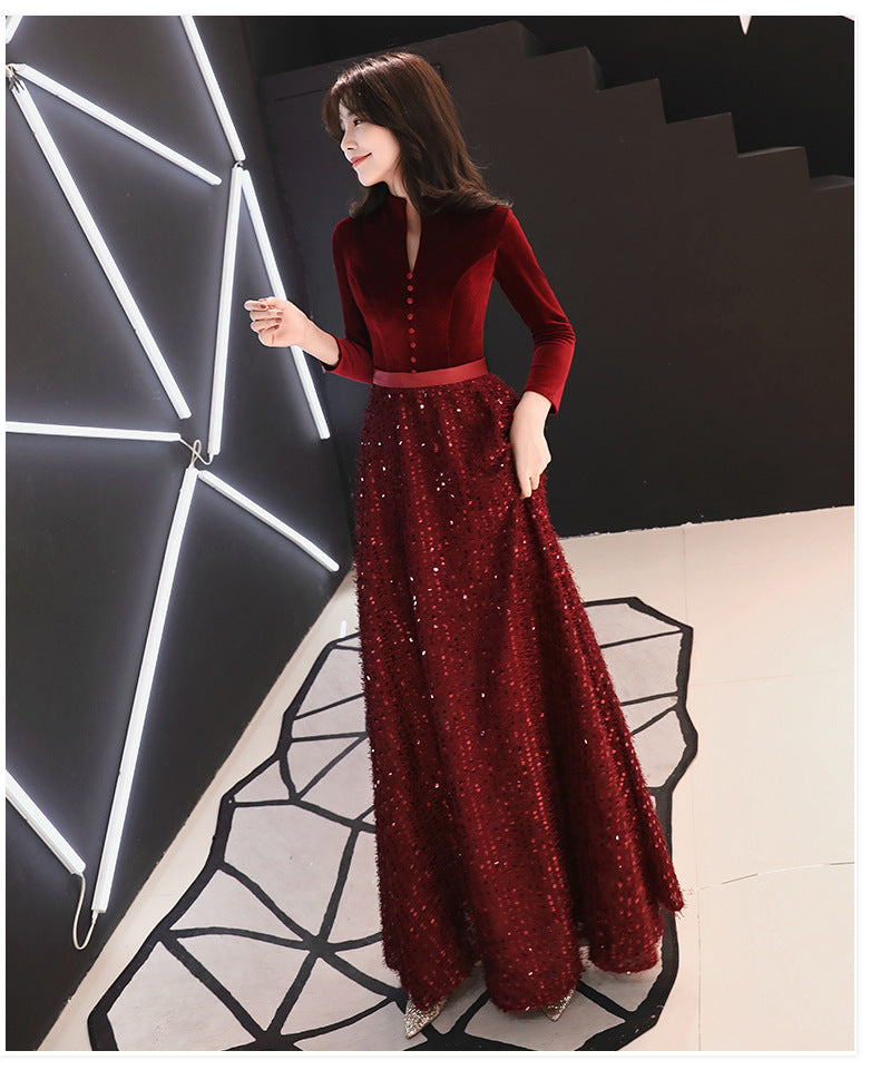 Evening Dress for Women 2024 New Elegant Toast Dress Wine Red Bride Elegant Long Sleeve Wedding Clothes Autumn