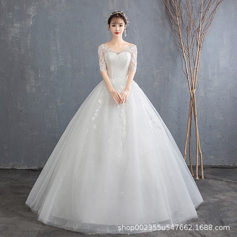 Tiktok Main Wedding Dress 2022 New V-neck Sexy Bridal Wedding Half Sleeve Floor-Length White Simple Lace Slimming Women