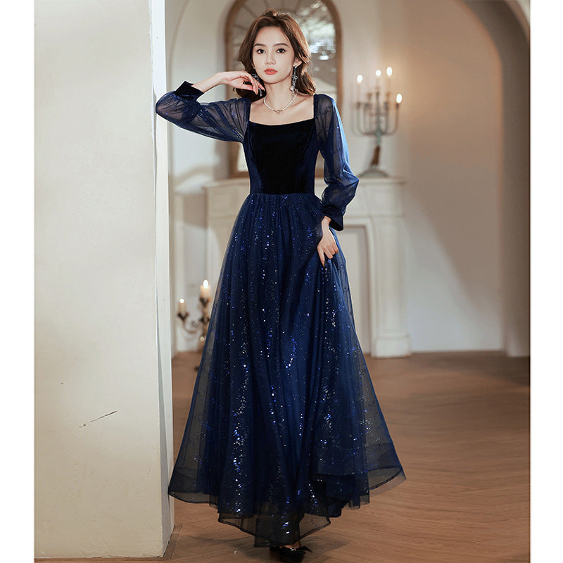 Women's Long-Sleeved Evening Dress for Banquet, High Sense High-End Affordable Luxury Niche Blue Sequined Conductor Chorus Solo Performance Costume