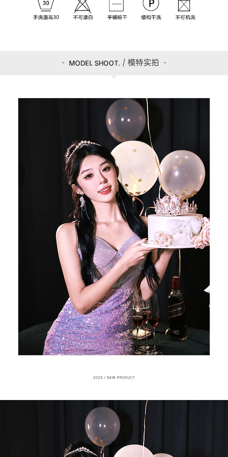 High Sense Banquet Temperament Light Luxury Minority Host Adult Lady like Woman Temperament Sexy Waist Trimming Sheath Fishtail Evening Dress
