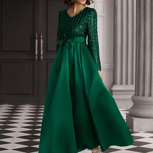 Europe and America Cross Border New Sequined Temperament Commute Solid Color Mid-Waist Sequin Host Banquet Dress Evening Dress