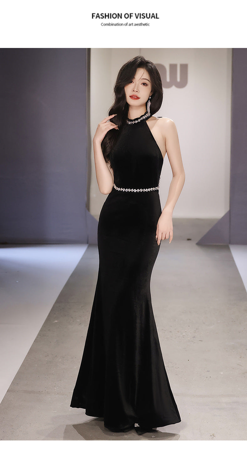 Black Evening Dress 2024 New High-End Temperament Socialite Halter Host Annual Meeting Fishtail Gown Dress