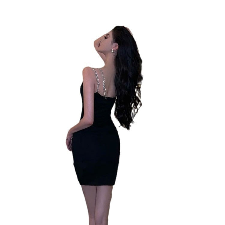 Sexy Irregular Spaghetti-Strap Dress Women's Spring and Summer French Pure Hot Girl Temperament Waist-Controlled Banquet Dress Black Dress