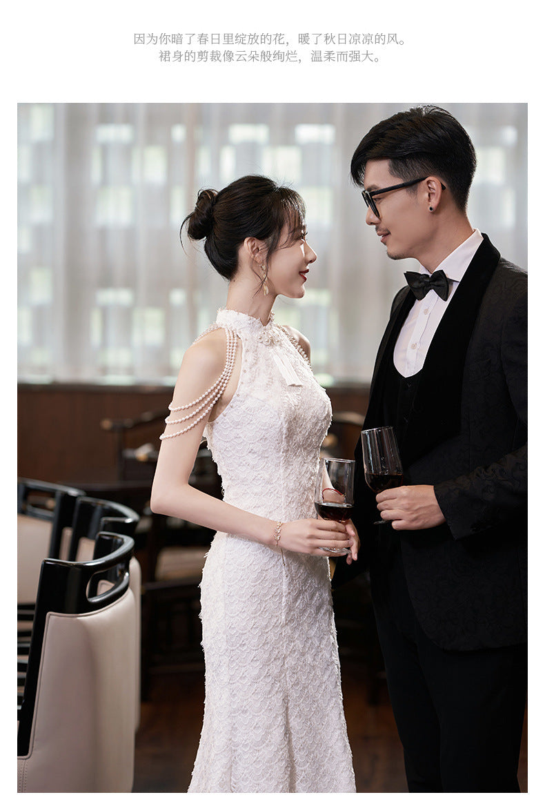 New Chinese Style Registration Slim White Dress Autumn and Winter Improvement Young Cheongsam Engagement Bride Lace Fishtail Dress