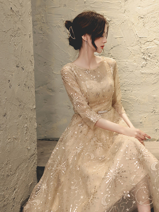 Evening Dress Women's Banquet 2024 New Champagne Light Luxury Temperament Socialite Fairy Annual Meeting Small Daily Style