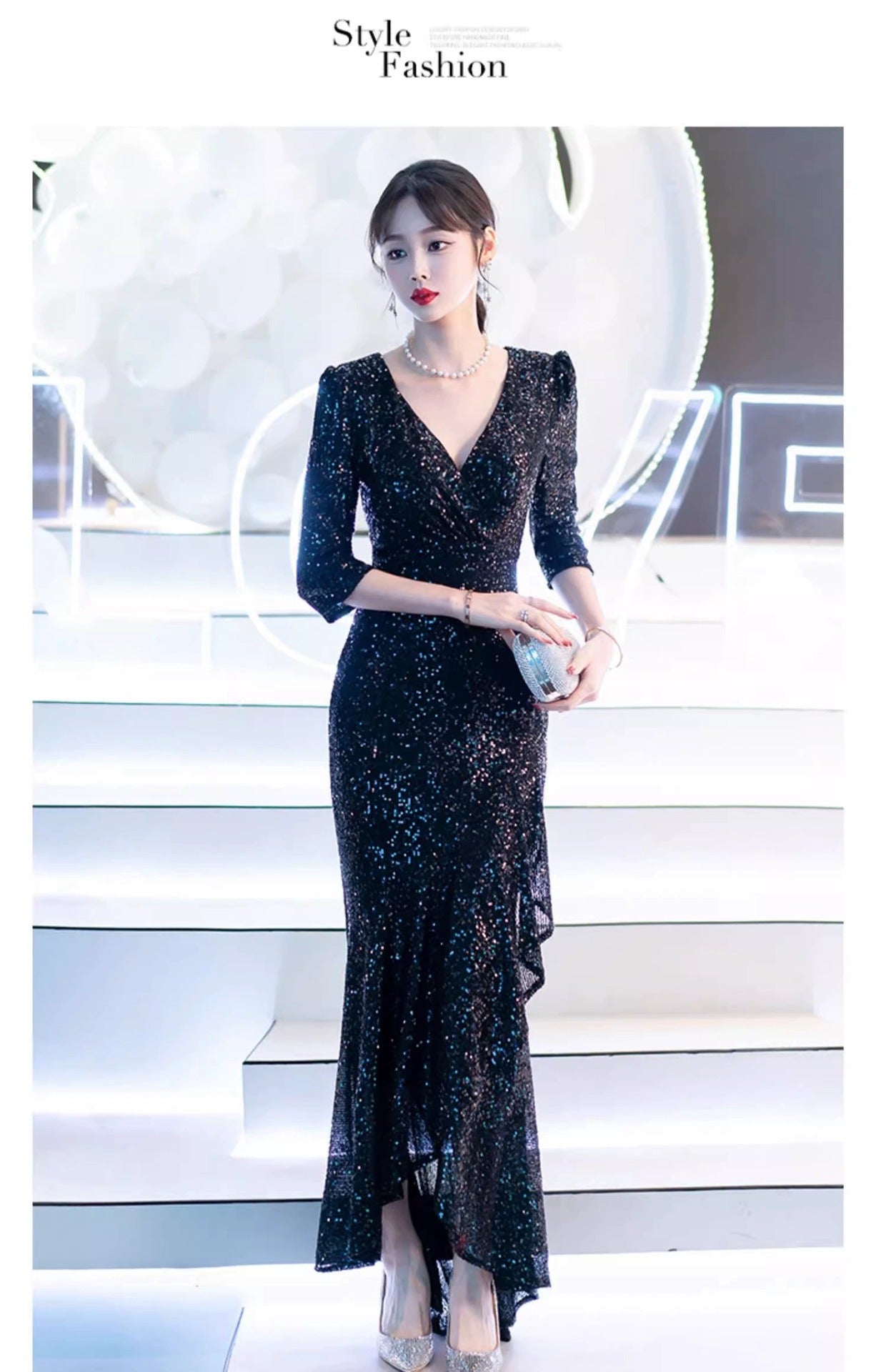 Black Evening Dress High-End Affordable Luxury Niche Female 2024 New Host Birthday Banquet Sequined Fishtail Dress Autumn